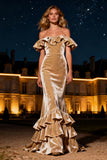Off The Shoulder Velvet Champagne Ruffled Evening Dress