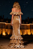 Off The Shoulder Velvet Champagne Ruffled Evening Dress