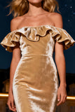 Off The Shoulder Velvet Champagne Ruffled Evening Dress