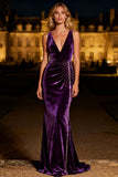 Velvet Purple V Neck Mermaid Evening Dress