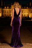 Velvet Purple V Neck Mermaid Evening Dress