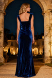 Velvet Square Neck Royal Blue Evening Dress