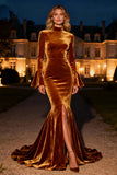 High Neck Mermaid Brown Evening Dress with Ruffles