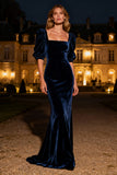 Half Sleeve Mermaid Navy Velvet Formal Dress