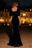 Half Sleeve Mermaid Navy Velvet Formal Dress