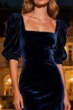 Half Sleeve Mermaid Navy Velvet Formal Dress