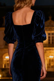 Half Sleeve Mermaid Navy Velvet Formal Dress