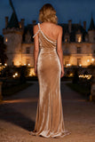 Champagne Velvet Ruched Formal Dress with Pearls