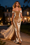 Champagne Velvet Off the Shoulder Evening Dress with Train