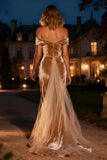 Champagne Velvet Off the Shoulder Evening Dress with Train