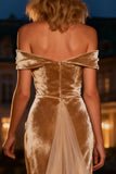 Champagne Velvet Off the Shoulder Evening Dress with Train