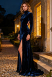 Navy High Neck Cut Out Velvet Evening Dress