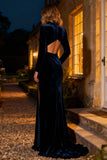 Navy High Neck Cut Out Velvet Evening Dress