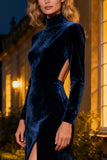 Navy High Neck Cut Out Velvet Evening Dress