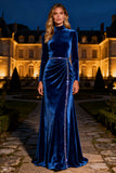 Sparkly Long Sleeve Velvet Royal Blue Formal Dress