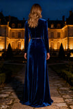 Sparkly Long Sleeve Velvet Royal Blue Formal Dress