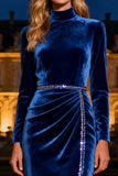 Sparkly Long Sleeve Velvet Royal Blue Formal Dress