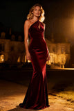 One Shoulder Burgundy Velvet Mermaid Holiday Party Dress
