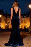Navy V Neck Velvet Mermaid Ruched Formal Dress