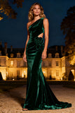 Dark Green One Shoulder Velvet 3D Floral Evening Dress