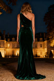 Dark Green One Shoulder Velvet 3D Floral Evening Dress