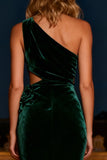 Dark Green One Shoulder Velvet 3D Floral Evening Dress