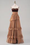 Strapless Khaki A Line Tiered Long Wedding Guest Dress With Slit