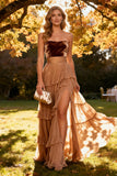 Strapless Khaki A Line Tiered Long Wedding Guest Dress With Slit