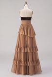 Strapless Khaki A Line Tiered Long Wedding Guest Dress With Slit