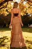 Strapless Khaki A Line Tiered Long Wedding Guest Dress With Slit
