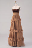 Strapless Khaki A Line Tiered Long Wedding Guest Dress With Slit