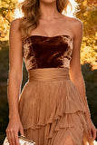 Strapless Khaki A Line Tiered Long Wedding Guest Dress With Slit
