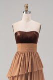 Strapless Khaki A Line Tiered Long Wedding Guest Dress With Slit
