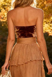 Strapless Khaki A Line Tiered Long Wedding Guest Dress With Slit