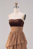 Strapless Khaki A Line Tiered Long Wedding Guest Dress With Slit