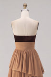 Strapless Khaki A Line Tiered Long Wedding Guest Dress With Slit