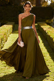 One Shoulder Olive A Line Long Wedding Guest Dress