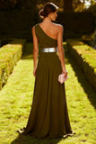 One Shoulder Olive A Line Long Wedding Guest Dress