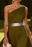One Shoulder Olive A Line Long Wedding Guest Dress