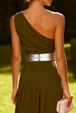 One Shoulder Olive A Line Long Wedding Guest Dress