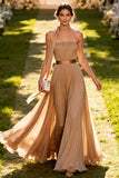 Pleated Khaki A Line Strapless Long Wedding Guest Dress With Ribbon