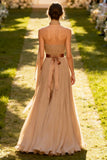 Pleated Khaki A Line Strapless Long Wedding Guest Dress With Ribbon