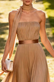 Pleated Khaki A Line Strapless Long Wedding Guest Dress With Ribbon