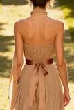 Pleated Khaki A Line Strapless Long Wedding Guest Dress With Ribbon