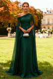 Dark Green One Shoulder Evening Dress With Overlay