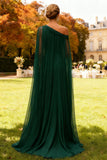 Dark Green One Shoulder Evening Dress With Overlay
