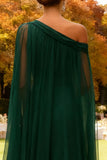 Dark Green One Shoulder Evening Dress With Overlay