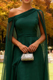 Dark Green One Shoulder Evening Dress With Overlay