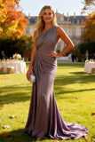 Mermaid One Shoulder Dusk Ruched Long Wedding Guest Dress