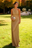 One Shoulder Khaki Sheath Long Wedding Guest Dress